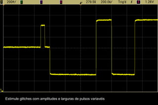 Page 14Quallargura de bandarealmente é necessária?Banda do osciloscópionecessáriaportipo de arquitetura:BWscope =  2 BWsignal(osciloscópio com resp. em freq. Gaussiana, <1GHz)BWscope =  1.4 BWsignal(osciloscópio com resp. em freq. plana, >1GHz)Ambos cálculosresultamemerros de aproximadamente 3%.Oscilloscopes BasicsAgilent Confidential October 15, 2009
