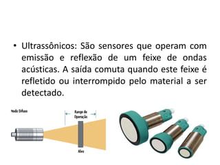 • Ultrassônicos: São sensores que operam com
emissão e reflexão de um feixe de ondas
acústicas. A saída comuta quando este feixe é
refletido ou interrompido pelo material a ser
detectado.
 