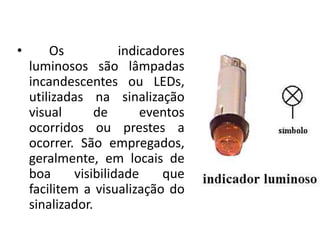 • Os indicadores
luminosos são lâmpadas
incandescentes ou LEDs,
utilizadas na sinalização
visual de eventos
ocorridos ou prestes a
ocorrer. São empregados,
geralmente, em locais de
boa visibilidade que
facilitem a visualização do
sinalizador.
 