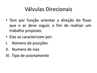 Válvulas Direcionais
• Tem por função orientar a direção do fluxo
que o ar deve seguir, a fim de realizar um
trabalho proposto.
• Elas se caracterizam por:
I. Número de posições
II. Numero de vias
III. Tipo de acionamento
 