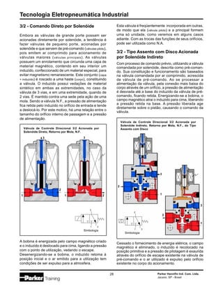 Tecnologia Eletropneumática Industrial
28 Parker Hannifin Ind. Com. Ltda.
Jacareí, SP - Brasil
3/2 - Comando Direto por Solenóide
Embora as válvulas de grande porte possam ser
acionadas diretamente por solenóide, a tendência é
fazer válvulas de pequeno porte, acionadas por
solenóide e que servem de pré-comando (válvulas piloto),
pois emitem ar comprimido para acionamento de
válvulas maiores (válvulas principais). As válvulas
possuem um enrolamento que circunda uma capa de
material magnético, contendo em seu interior um
induzido, confeccionado de um material especial, para
evitar magnetismo remanescente. Este conjunto (capa
+ induzido) é roscado a uma haste (corpo), constituindo
a válvula. O induzido possui vedações de material
sintético em ambas as extremidades, no caso da
válvula de 3 vias, e em uma extremidade, quando de
2 vias. É mantido contra uma sede pela ação de uma
mola. Sendo a válvula N.F., a pressão de alimentação
fica retida pelo induzido no orifício de entrada e tende
a deslocá-lo. Por este motivo, há uma relação entre o
tamanho do orifício interno de passagem e a pressão
de alimentação.
3/2 - Tipo Assento com Disco Acionada
por Solenóide Indireto
Com processo de comando prévio, utilizando a válvula
comandada por solenóide, descrita como pré-coman-
do. Sua constituição e funcionamento são baseados
na válvula comandada por ar comprimido, acrescida
de válvula de pré-comando. Ao se processar a
alimentação da válvula, pela conexão mais baixa do
corpo através de um orifício, a pressão de alimentação
é desviada até a base do induzido da válvula de pré-
comando, ficando retida. Energizando-se a bobina, o
campo magnético atrai o induzido para cima, liberando
a pressão retida na base. A pressão liberada age
diretamente sobre o pistão, causando o comando da
válvula.
Cessado o fornecimento de energia elétrica, o campo
magnético é eliminado, o induzido é recolocado na
posição primitiva e a pressão de pilotagem é exaurida
através do orifício de escape existente na válvula de
pré-comando e o ar utilizado é expulso pelo orifício
existente no corpo do acionamento.
Válvula de Controle Direcional 3/2 Acionada por
Solenóide Direto, Retorno por Mola, N.F.
Simbologia
3
1
2
2
1
1
3 3
A bobina é energizada pelo campo magnético criado
e o induzido é deslocado para cima, ligando a pressão
com o ponto de utilização, vedando o escape.
Desenergizando-se a bobina, o induzido retoma à
posição inicial e o ar emitido para a utilização tem
condições de ser expulso para a atmosfera.
Esta válvula é freqüentemente incorporada em outras,
de modo que ela (válvula piloto) e a principal formem
uma só unidade, como veremos em alguns casos
adiante. Com as trocas das funções de seus orifícios,
pode ser utilizada como N.A.
Válvula de Controle Direcional 3/2 Acionada por
Solenóide Indireto, Retorno por Mola, N.F., do Tipo
Assento com Disco
Simbologia
3
1
2
3
1
2
1
3
2
2
 