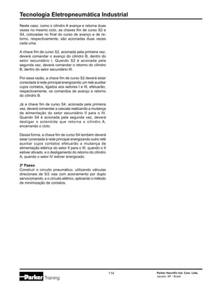 Tecnologia Eletropneumática Industrial
114 Parker Hannifin Ind. Com. Ltda.
Jacareí, SP - Brasil
Neste caso, como o cilindro A avança e retorna duas
vezes no mesmo ciclo, as chaves fim de curso S2 e
S4, colocadas no final do curso de avanço e de re-
torno, respectivamente, são acionadas duas vezes
cada uma.
A chave fim de curso S2, acionada pela primeira vez,
deverá comandar o avanço do cilindro B, dentro do
setor secundário I. Quando S2 é acionada pela
segunda vez, deverá comandar o retorno do cilindro
B, dentro do setor secundário III.
Por essa razão, a chave fim de curso S2 deverá estar
conectada à rede principal energizando um relé auxiliar
cujos contatos, ligados aos setores I e III, efetuarão,
respectivamente, os comandos de avanço e retorno
do cilindro B.
Já a chave fim de curso S4, acionada pela primeira
vez, deverá comandar a cascata realizando a mudança
de alimentação do setor secundário II para o III.
Quando S4 é acionada pela segunda vez, deverá
desligar o solenóide que retorna o cilindro A,
encerrando o ciclo.
Dessa forma, a chave fim de curso S4 também deverá
estar conectada à rede principal energizando outro relé
auxiliar cujos contatos efetuarão a mudança de
alimentação elétrica do setor II para o III, quando o II
estiver ativado, e o desligamento do retorno do cilindro
A, quando o setor IV estiver energizado.
3º Passo
Construir o circuito pneumático, utilizando válvulas
direcionais de 5/2 vias com acionamento por duplo
servocomando, e o circuito elétrico, aplicando o método
de minimização de contatos.
 