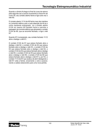 Tecnologia Eletropneumática Industrial
Parker Hannifin Ind. Com. Ltda.
Jacareí, SP - Brasil
143
Quando o cilindro A chega no final do curso de retorno
pela segunda vez e aciona novamente a chave fim de
curso S4, seu contato aberto fecha e liga outra vez o
relé K9.
O contato aberto 11/14 de K9 fecha mas não interfere
no comando elétrico pois a auto-retenção de K4 já o
vinha mantendo energizado. Já o contato aberto
21/24 do mesmo K9 também fecha e permite a
passagem da corrente elétrica que atravessa o contato
21/24 de K6, que se encontra fechado, e liga o relé
K7.
Quando K7 é energizado, seu contato fechado 11/12
abre e desliga o relé K1.
O contato 21/24 de K1 que estava fechado abre e
desliga o relé K2, o contato 21/24 de K2 que estava
fechado abre e desliga o relé K3, o contato 21/24 de
K3 que estava fechado abre e desliga o relé K4, o
contato 21/24 de K4 que estava fechado abre e desliga
o relé K5, o contato 21/24 de K5 que estava fechado
abre e desliga o relé K6, o contato 21/24 de K6 que
estava fechado abre e desliga o relé K7 e, por fim, o
contato 11/12 de K7 que acabou de abrir desligando o
relé K1 volta a fechar, encerrando o ciclo e posicio-
nando a cadeia estacionária para uma nova partida.
 