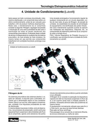 Tecnologia Eletropneumática Industrial
Parker Hannifin Ind. Com. Ltda.
Jacareí, SP - Brasil
17
4. Unidade de Condicionamento (Lubrefil)
Filtragem de Ar
Os sistemas pneumáticos são sistemas abertos: o ar,
após ser utilizado, é exaurido para a atmosfera, en-
quanto que a alimentação aspira ar livre constante-
mente. Este ar, por sua vez, está sujeito à contamina-
ção, umidade e às impurezas procedentes da rede
de distribuição.
A maioria destas impurezas é retida, como já observa-
mos, nos processos de preparação, porém partículas
pequenas ficam suspensas e são arrastadas pelo fluxo
de ar comprimido, agindo como abrasivos nas partes
Após passar por todo o processo de produção, trata-
mento e distribuição, o ar comprimido deve sofrer um
último condicionamento, antes de ser colocado para
trabalhar, a fim de produzir melhores desempenhos.
Neste caso, o beneficiamento do ar comprimido
consiste no seguinte: Filtragem, regulagem da pressão
e introdução de uma certa quantidade de óleo para a
lubrificação de todas as partes mecânicas dos
componentes pneumáticos. A utilização desta unidade
de serviço é indispensável em qualquer tipo de sistema
pneumático, do mais simples ao mais complexo. Ao
mesmo tempo em que permite aos componentes
trabalharem em condições favoráveis, prolonga a sua
vida útil.
Uma duração prolongada e funcionamento regular de
qualquer componente em um circuito dependem, an-
tes de mais nada, do grau de filtragem, da isenção de
umidade, da estabilidade da pressão de alimentação
do equipamento e da lubrificação das partes móveis.
Isto tudo é literalmente superado quando se aplicam
nas instalações dos dispositivos, máquinas, etc., os
componentes de tratamento preliminar do ar comprimi-
do após a tomada de ar:
Filtro, Válvula Reguladora de Pressão (Regulador) e
Lubrificador, que reunidos formam a Unidade de Condi-
cionamento ou Lubrefil.
móveis dos elementos pneumáticos quando solicitada
a sua utilização.
A filtragem do ar consiste na aplicação de dispositivos
capazes de reter as impurezas suspensas no fluxo de
ar, e em suprimir ainda mais a umidade presente. É,
portanto, necessário eliminar estes dois problemas ao
mesmo tempo.
O equipamento normalmente utilizado para este fim é
o Filtro de Ar, que atua de duas formas distintas:
Pela ação da força centrífuga.
Pela passagem do ar através de um elemento filtrante,
de bronze sinterizado ou malha de nylon.
Unidade de Condicionamento ou Lubrefil
Simbologia
 