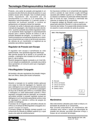 Tecnologia Eletropneumática Industrial
20 Parker Hannifin Ind. Com. Ltda.
Jacareí, SP - Brasil
Portanto, uma saída de pressão pré-regulada é um
processo de abre-fecha da válvula de assento (C), que
poderia causar certa vibração. Isso é evitado porque
certos reguladores são equipados por um
amortecimento (I) à mola ou a ar comprimido. O
dispositivo autocompensador (C-J) permite montar o
regulador em qualquer posição, e confere ao
equipamento um pequeno tempo de resposta.
A pressão de saída é alterada pela atuação sobre a
manopla de regulagem, não importa se é para decrés-
cimo - quando a pressão secundária regulada é maior,
o ar excedente desta regulagem é automaticamente
expulso para o exterior atráves do orifício (F) até a
pressão desejada ser atingida - ou acréscimo - o au-
mento processa-se normalmente atuando-se a mano-
pla e comprimindo-se a mola (A) da forma já menciona-
da; atráves de um manômetro (J) registram-se as
pressões secundárias reguladas.
Regulador de Pressão sem Escape
O regulador sem escape é semelhante ao visto
anteriormente, mas apresenta algumas diferenças:
Não permite escape de ar devido a um aumento de
pressão; o diafragma não é dotado do orifício de san-
gria (F), ele é maciço.
Quando desejamos regular a pressão a um nível infe-
rior em relação ao estabelecido, a pressão secundária
deve apresentar um consumo para que a regulagem
seja efetuada.
Filtro/Regulador Conjugado
Há também válvulas reguladoras de pressão integra-
das com filtros, ideais para locais compactos.
Operação
Girando a manopla (A) no sentido horário aplica-se
uma carga na mola de regulagem (F), fazendo com
que o diafragma (H) e o conjunto da válvula de assento
(C) se desloquem para baixo, permitindo a passagem
do fluxo de ar filtrado pelo orifício (I). A pressão sobre
o diafragma (H) está balanceada quando o filtro/
regulador conjugado está em operação, se a pressão
secundária exceder à pressão regulada causará ao
diafragma (H) um movimento ascendente contra a mola
de regulagem (F), abrindo o orifício de sangria (B)
contido no diafragma.
O excesso de ar é jogado para atmosfera através do
orifício (G) na tampa do filtro/regulador conjugado (filtro/
regulador conjugado com sangria).
O primeiro estágio da filtração começa quando o ar
comprimido flui através do defletor superior (D), o qual
causa uma ação de turbilhonamento.
Refil - Filtro Regulador
Simbologia
A - Manopla
B - Orifício de Sangria
C - Válvula de Assento
D - Defletor Superior
E - Defletor Inferior
J
D
C
B
A
   
I
H
G
F
E
As impurezas contidas no ar comprimido são jogadas
contra a parede do copo devido à ação centrífuga
causada pelo defletor superior (D). O defletor inferior
(E) separa a umidade e as partículas sólidas deposita-
das no fundo do copo, evitando a reentrada das
mesmas no sistema de ar comprimido.
O segundo estágio de filtração ocorre quando o ar
passa pelo elemento filtrante (J) onde as partículas
menores são retidas. O ar passa então através da área
do assento (I) para conexão de saída do produto.
Manômetros
São instrumentos utilizados para medir e indicar a in-
tensidade de pressão do ar comprimido.
Nos circuitos pneumáticos, os manômetros são
utilizados para indicar o ajuste da intensidade de
pressão nas válvulas, que pode influenciar a força, o
torque, de um conversor de energia.
 