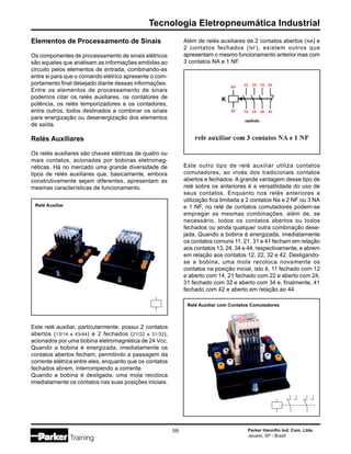 Parker Hannifin Ind. Com. Ltda.
Jacareí, SP - Brasil
59
Tecnologia Eletropneumática Industrial
Elementos de Processamento de Sinais
Os componentes de processamento de sinais elétricos
são aqueles que analisam as informações emitidas ao
circuito pelos elementos de entrada, combinando-as
entre si para que o comando elétrico apresente o com-
portamento final desejado diante dessas informações.
Entre os elementos de processamento de sinais
podemos citar os relés auxiliares, os contatores de
potência, os relés temporizadores e os contadores,
entre outros, todos destinados a combinar os sinais
para energização ou desenergização dos elementos
de saída.
Relés Auxiliares
Os relés auxiliares são chaves elétricas de quatro ou
mais contatos, acionadas por bobinas eletromag-
néticas. Há no mercado uma grande diversidade de
tipos de relés auxiliares que, basicamente, embora
construtivamente sejam diferentes, apresentam as
mesmas características de funcionamento.
Este relé auxiliar, particularmente, possui 2 contatos
abertos (13/14 e 43/44) e 2 fechados (21/22 e 31/32),
acionados por uma bobina eletromagnética de 24 Vcc.
Quando a bobina é energizada, imediatamente os
contatos abertos fecham, permitindo a passagem da
corrente elétrica entre eles, enquanto que os contatos
fechados abrem, interrompendo a corrente.
Quando a bobina é desligada, uma mola recoloca
imediatamente os contatos nas suas posições iniciais.
Além de relés auxiliares de 2 contatos abertos (NA) e
2 contatos fechados (NF), existem outros que
apresentam o mesmo funcionamento anterior mas com
3 contatos NA e 1 NF.
Este outro tipo de relé auxiliar utiliza contatos
comutadores, ao invés dos tradicionais contatos
abertos e fechados. A grande vantagem desse tipo de
relé sobre os anteriores é a versatilidade do uso de
seus contatos. Enquanto nos relés anteriores a
utilização fica limitada a 2 contatos Na e 2 NF ou 3 NA
e 1 NF, no relé de contatos comutadores podem-se
empregar as mesmas combinações, além de, se
necessário, todos os contatos abertos ou todos
fechados ou ainda qualquer outra combinação dese-
jada. Quando a bobina é energizada, imediatamente
os contatos comuns 11, 21, 31 e 41 fecham em relação
aos contatos 13, 24, 34 e 44, respectivamente, e abrem
em relação aos contatos 12, 22, 32 e 42. Desligando-
se a bobina, uma mola recoloca novamente os
contatos na posição inicial, isto é, 11 fechado com 12
e aberto com 14, 21 fechado com 22 e aberto com 24,
31 fechado com 32 e aberto com 34 e, finalmente, 41
fechado com 42 e aberto em relação ao 44.
Relé Auxiliar
Relé Auxiliar com Contatos Comutadores
 