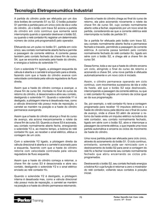 Tecnologia Eletropneumática Industrial
76 Parker Hannifin Ind. Com. Ltda.
Jacareí, SP - Brasil
A partida do cilindro pode ser efetuada por um dos
dois botões de comando S1 ou S2. O botão pulsador
S1 permite a partida para um único ciclo de ida e volta
do cilindro. Já o botão com trava S2 aciona a partida
do cilindro em ciclo contínuo que somente será
interrompido quando o operador destravar o botão S2,
ou quando o relé contador Kc registrar um determinado
número de ciclos pré-programadoS pelo operador.
Efetuando-se um pulso no botão S1, partida em ciclo
único, seu contato normalmente aberto fecha e permite
a passagem da corrente elétrica. A corrente passa
também pelo contato fechado da chave fim de curso
S4, que se encontra acionada pela haste do cilindro,
e energiza a bobina do solenóide Y1.
Com o solenóide Y1 ligado, a pilotagem esquerda da
válvula é aberta e o carretel é empurrado para a direita,
fazendo com que a haste do cilindro avance com
velocidade controlada pela válvula reguladora de fluxo
direita.
Assim que a haste do cilindro começa a avançar, a
chave fim de curso S4, montada no final do curso de
retorno do cilindro, é desacionada e abre seu contato,
desligando o solenóide Y1. Quando o solenóide Y1 é
desligado, a pilotagem interna é desativada mas, como
a válvula direcional não possui mola de reposição, o
carretel se mantém na posição e a haste do cilindro
permanece avançando.
Assim que a haste do cilindro alcança o final do curso
de avanço, ela aciona mecanicamente o rolete da
chave fim de curso S3. Quando a chave S3 é acionada,
seu contato normalmente aberto fecha, energizando
o solenóide Y2 e, ao mesmo tempo, a bobina do relé
contador Kc que, ao receber o sinal elétrico, efetua a
contagem de um ciclo.
Com o solenóide Y2 ligado, a pilotagem direita da
válvula direcional é aberta e o carretel é acionado para
a esquerda, fazendo com que a haste do cilindro
retorne com velocidade controlada pela válvula
reguladora de fluxo esquerda.
Assim que a haste do cilindro começa a retornar, a
chave fim de curso S3 é desacionada e abre seu
contato, desligando o solenóide Y2 e o sinal elétrico
enviado ao relé contador Kc.
Quando o solenóide Y2 é desligado, a pilotagem
interna é desativada mas, como a válvula direcional
não possui mola de reposição, o carretel se mantém
na posição e a haste do cilindro permanece retornando.
Quando a haste do cilindro chega ao final do curso de
retorno, ela pára acionando novamente o rolete da
chave fim de curso S4, cujo contato normalmente
aberto volta a fechar, esperando por um novo sinal de
partida, considerando-se que a corrente elétrica está
interrompida no botão de partida S1.
Se a partida for efetuada pelo botão com trava S2,
seu contato normalmente aberto fecha e permanece
fechado e travado, permitindo a passagem da corrente
elétrica. A corrente passa também pelo contato
normalmente fechado do relé contador Kc, ligado em
série com o botão S2, e chega até a chave fim de
curso S4.
Dessa forma, toda a vez que a haste do cilindro encerra
um ciclo, atingindo o final do curso de retorno e
acionando a chave S4, uma nova partida é efetuada
automaticamente e um novo ciclo é iniciado.
Assim, o cilindro permanece operando em ciclo
contínuo, com movimentos sucessivos de ida e volta
da haste, até que o botão S2 seja destravado,
interrompendo a passagem da corrente elétrica, ou que
o relé contador Kc registre um número de ciclos igual
ao da sua programação.
Se, por exemplo, o relé contador Kc teve a contagem
programada para receber 10 impulsos elétricos e a
haste do cilindro tocou pela décima vez o final do curso
de avanço, onde a chave S3 além de acionar o re-
torno da haste emite um impulso elétrico na bobina do
relé contador, seu contato normalmente fechado,
ligado em série com o botão S2, abre e interrompe a
passagem da corrente elétrica, o que impede uma nova
partida automática e encerra os ciclos de movimento
da haste do cilindro.
Uma nova partida pode ser efetuada para ciclo único,
através do acionamento do botão S1. O ciclo contínuo,
entretanto, somente pode ser reiniciado com o
destravamento do botão S2 para zerar a contagem do
relé Kc e fechar novamente seu contato normalmente
fechado que abriu encerrando os ciclos pré-
programados.
Destravando o botão S2, seu contato fechado energiza
a bobina Kcr cuja função é retornar a zero o mostrador
do relé contador, voltando seus contatos à posição
inicial.
 