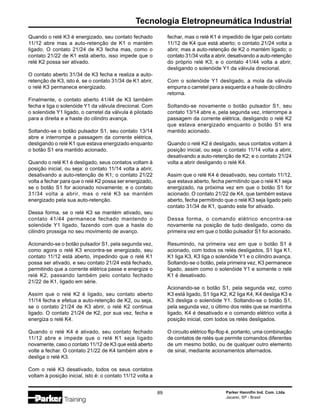 Parker Hannifin Ind. Com. Ltda.
Jacareí, SP - Brasil
89
Tecnologia Eletropneumática Industrial
Quando o relé K3 é energizado, seu contato fechado
11/12 abre mas a auto-retenção de K1 o mantém
ligado. O contato 21/24 de K3 fecha mas, como o
contato 21/22 de K1 está aberto, isso impede que o
relé K2 possa ser ativado.
O contato aberto 31/34 de K3 fecha e realiza a auto-
retenção de K3, isto é, se o contato 31/34 de K1 abrir,
o relé K3 permanece energizado.
Finalmente, o contato aberto 41/44 de K3 também
fecha e liga o solenóide Y1 da válvula direcional. Com
o solenóide Y1 ligado, o carretel da válvula é pilotado
para a direita e a haste do cilindro avança.
Soltando-se o botão pulsador S1, seu contato 13/14
abre e interrompe a passagem da corrente elétrica,
desligando o relé K1 que estava energizado enquanto
o botão S1 era mantido acionado.
Quando o relé K1 é desligado, seus contatos voltam à
posição inicial, ou seja: o contato 11/14 volta a abrir,
desativando a auto-retenção de K1; o contato 21/22
volta a fechar para que o relé K2 possa ser energizado,
se o botão S1 for acionado novamente; e o contato
31/34 volta a abrir, mas o relé K3 se mantém
energizado pela sua auto-retenção.
Dessa forma, se o relé K3 se mantém ativado, seu
contato 41/44 permanece fechado mantendo o
solenóide Y1 ligado, fazendo com que a haste do
cilindro prossiga no seu movimento de avanço.
Acionando-se o botão pulsador S1, pela segunda vez,
como agora o relé K3 encontra-se energizado, seu
contato 11/12 está aberto, impedindo que o relé K1
possa ser ativado, e seu contato 21/24 está fechado,
permitindo que a corrente elétrica passe e energize o
relé K2, passando também pelo contato fechado
21/22 de K1, ligado em série.
Assim que o relé K2 é ligado, seu contato aberto
11/14 fecha e efetua a auto-retenção de K2, ou seja,
se o contato 21/24 de K3 abrir, o relé K2 continua
ligado. O contato 21/24 de K2, por sua vez, fecha e
energiza o relé K4.
Quando o relé K4 é ativado, seu contato fechado
11/12 abre e impede que o relé K1 seja ligado
novamente, caso o contato 11/12 de K3 que está aberto
volte a fechar. O contato 21/22 de K4 também abre e
desliga o relé K3.
Com o relé K3 desativado, todos os seus contatos
voltam à posição inicial, isto é: o contato 11/12 volta a
fechar, mas o relé K1 é impedido de ligar pelo contato
11/12 de K4 que está aberto; o contato 21/24 volta a
abrir, mas a auto-retenção de K2 o mantém ligado; o
contato 31/34 volta a abrir, desativando a auto-retenção
do próprio relé K3; e o contato 41/44 volta a abrir,
desligando o solenóide Y1 da válvula direcional.
Com o solenóide Y1 desligado, a mola da válvula
empurra o carretel para a esquerda e a haste do cilindro
retorna.
Soltando-se novamente o botão pulsador S1, seu
contato 13/14 abre e, pela segunda vez, interrompe a
passagem da corrente elétrica, desligando o relé K2
que estava energizado enquanto o botão S1 era
mantido acionado.
Quando o relé K2 é desligado, seus contatos voltam à
posição inicial, ou seja: o contato 11/14 volta a abrir,
desativando a auto-retenção de K2; e o contato 21/24
volta a abrir desligando o relé K4.
Assim que o relé K4 é desativado, seu contato 11/12,
que estava aberto, fecha permitindo que o relé K1 seja
energizado, na próxima vez em que o botão S1 for
acionado. O contato 21/22 de K4, que também estava
aberto, fecha permitindo que o relé K3 seja ligado pelo
contato 31/34 de K1, quando este for ativado.
Dessa forma, o comando elétrico encontra-se
novamente na posição de tudo desligado, como da
primeira vez em que o botão pulsador S1 foi acionado.
Resumindo, na primeira vez em que o botão S1 é
acionado, com todos os relés desligados, S1 liga K1,
K1 liga K3, K3 liga o solenóide Y1 e o cilindro avança.
Soltando-se o botão, pela primeira vez, K3 permanece
ligado, assim como o solenóide Y1 e somente o relé
K1 é desativado.
Acionando-se o botão S1, pela segunda vez, como
K3 está ligado, S1 liga K2, K2 liga K4, K4 desliga K3 e
K3 desliga o solenóide Y1. Soltando-se o botão S1,
pela segunda vez, o último dos relés que se mantinha
ligado, K4 é desativado e o comando elétrico volta à
posição inicial, com todos os relés desligados.
O circuito elétrico flip-flop é, portanto, uma combinação
de contatos de relés que permite comandos diferentes
de um mesmo botão, ou de qualquer outro elemento
de sinal, mediante acionamentos alternados.
 