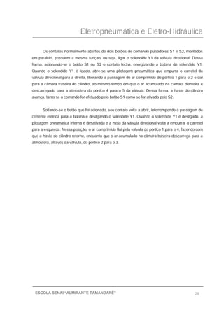 Eletropneumática e Eletro-Hidráulica
28ESCOLA SENAI “ALMIRANTE TAMANDARÉ”
Os contatos normalmente abertos de dois botões de comando pulsadores S1 e S2, montados
em paralelo, possuem a mesma função, ou seja, ligar o solenóide Y1 da válvula direcional. Dessa
forma, acionando-se o botão S1 ou S2 o contato fecha, energizando a bobina do solenóide Y1.
Quando o solenóide Y1 é ligado, abre-se uma pilotagem pneumática que empurra o carretel da
válvula direcional para a direita, liberando a passagem do ar comprimido do pórtico 1 para o 2 e daí
para a câmara traseira do cilindro, ao mesmo tempo em que o ar acumulado na câmara dianteira é
descarregado para a atmosfera do pórtico 4 para o 5 da válvula. Dessa forma, a haste do cilindro
avança, tanto se o comando for efetuado pelo botão S1 como se for ativado pelo S2.
Soltando-se o botão que foi acionado, seu contato volta a abrir, interrompendo a passagem de
corrente elétrica para a bobina e desligando o solenóide Y1. Quando o solenóide Y1 é desligado, a
pilotagem pneumática interna é desativada e a mola da válvula direcional volta a empurrar o carretel
para a esquerda. Nessa posição, o ar comprimido flui pela válvula do pórtico 1 para o 4, fazendo com
que a haste do cilindro retorne, enquanto que o ar acumulado na câmara traseira descarrega para a
atmosfera, através da válvula, do pórtico 2 para o 3.
 