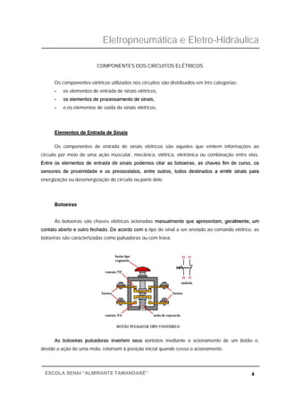 Eletropneumática e Eletro-Hidráulica
4ESCOLA SENAI “ALMIRANTE TAMANDARÉ”
COMPONENTES DOS CIRCUITOS ELÉTRICOS
Os componentes elétricos utilizados nos circuitos são distribuídos em três categorias:
- os elementos de entrada de sinais elétricos,
- os elementos de processamento de sinais,
- e os elementos de saída de sinais elétricos.
Elementos de Entrada de Sinais
Os componentes de entrada de sinais elétricos são aqueles que emitem informações ao
circuito por meio de uma ação muscular, mecânica, elétrica, eletrônica ou combinação entre elas.
Entre os elementos de entrada de sinais podemos citar as botoeiras, as chaves fim de curso, os
sensores de proximidade e os pressostatos, entre outros, todos destinados a emitir sinais para
energização ou desenergização do circuito ou parte dele.
Botoeiras
As botoeiras são chaves elétricas acionadas manualmente que apresentam, geralmente, um
contato aberto e outro fechado. De acordo com o tipo de sinal a ser enviado ao comando elétrico, as
botoeiras são caracterizadas como pulsadoras ou com trava.
As botoeiras pulsadoras invertem seus contatos mediante o acionamento de um botão e,
devido a ação de uma mola, retornam à posição inicial quando cessa o acionamento.
 