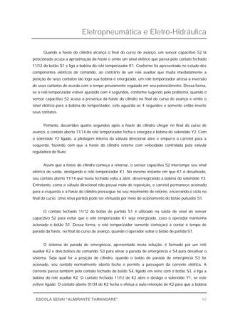 Eletropneumática e Eletro-Hidráulica
62ESCOLA SENAI “ALMIRANTE TAMANDARÉ”
Quando a haste do cilindro alcança o final do curso de avanço, um sensor capacitivo S2 lá
posicionado acusa a aproximação da haste e emite um sinal elétrico que passa pelo contato fechado
11/12 do botão S1 e liga a bobina do relé temporizador K1. Conforme foi apresentado no estudo dos
componentes elétricos de comando, ao contrário de um relé auxiliar que muda imediatamente a
posição de seus contatos tão logo sua bobina é energizada, um relé temporizador atrasa a inversão
de seus contatos de acordo com o tempo previamente regulado em seu potenciômetro. Dessa forma,
se o relé temporizador estiver ajustado com 4 segundos, conforme sugerido pelo problema, quando o
sensor capacitivo S2 acusa a presença da haste do cilindro no final do curso de avanço e emite o
sinal elétrico para a bobina do temporizador, este aguarda os 4 segundos e somente então inverte
seus contatos.
Portanto, decorridos quatro segundos após a haste do cilindro chegar no final do curso de
avanço, o contato aberto 11/14 do relé temporizador fecha e energiza a bobina do solenóide Y2. Com
o solenóide Y2 ligado, a pilotagem interna da válvula direcional abre e empurra o carretel para a
esquerda, fazendo com que a haste do cilindro retorne com velocidade controlada pela válvula
reguladora de fluxo.
Assim que a haste do cilindro começa a retornar, o sensor capacitivo S2 interrompe seu sinal
elétrico de saída, desligando o relé temporizador K1. No mesmo instante em que K1 é desativado,
seu contato aberto 11/14 que havia fechado volta a abrir, desernegizando a bobina do solenóide Y2.
Entretanto, como a válvula direcional não possui mola de reposição, o carretel permanece acionado
para a esquerda e a haste do cilindro prossegue no seu movimento de retorno, encerrando o ciclo no
final do curso. Uma nova partida pode ser efetuada por meio do acionamento do botão pulsador S1.
O contato fechado 11/12 do botão de partida S1 é utilizado na saída de sinal do sensor
capacitivo S2 para evitar que o relé temporizador K1 seja energizado, caso o operador mantenha
acionado o botão S1. Dessa forma, o relé temporizador somente começará a contar o tempo de
parada da haste, no final do curso de avanço, quando o operador soltar o botão de partida S1.
O sistema de parada de emergência, apresentado nesta solução, é formado por um relé
auxiliar K2 e dois botões de comando: S3 para ativar a parada de emergência e S4 para desativar o
sistema. Seja qual for a posição do cilindro, quando o botão de parada de emergência S3 for
acionado, seu contato normalmente aberto fecha e permite a passagem da corrente elétrica. A
corrente passa também pelo contato fechado do botão S4, ligado em série com o botão S3, e liga a
bobina do relé auxiliar K2. O contato fechado 11/12 de K2 abre e desliga o solenóide Y1, se este
estiver ligado. O contato aberto 31/34 de K2 fecha e efetua a auto-retenção de K2 para que a bobina
 