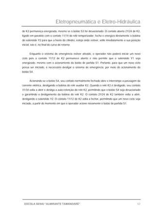 Eletropneumática e Eletro-Hidráulica
63ESCOLA SENAI “ALMIRANTE TAMANDARÉ”
de K2 permaneça energizada, mesmo se o botão S3 for desacionado. O contato aberto 21/24 de K2,
ligado em paralelo com o contato 11/14 do relé temporizador, fecha e energiza diretamente a bobina
do solenóide Y2 para que a haste do cilindro, esteja onde estiver, volte imediatamente a sua posição
inicial, isto é, no final do curso de retorno.
Enquanto o sistema de emergência estiver ativado, o operador não poderá iniciar um novo
ciclo pois o contato 11/12 de K2 permanece aberto e não permite que o solenóide Y1 seja
energizado, mesmo com o acionamento do botão de partida S1. Portanto, para que um novo ciclo
possa ser iniciado, é necessário desligar o sistema de emergência, por meio do acionamento do
botão S4.
Acionando-se o botão S4, seu contato normalmente fechado abre e interrompe a passagem da
corrente elétrica, desligando a bobina do relé auxiliar K2. Quando o relé K2 é desligado, seu contato
31/34 volta a abrir e desliga a auto-retenção do relé K2, permitindo que o botão S4 seja desacionado
e garantindo o desligamento da bobina do relé K2. O contato 21/24 de K2 também volta a abrir,
desligando o solenóide Y2. O contato 11/12 de K2 volta a fechar, permitindo que um novo ciclo seja
iniciado, a partir do momento em que o operador acione novamente o botão de partida S1.
 