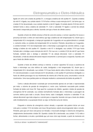 Eletropneumática e Eletro-Hidráulica
65ESCOLA SENAI “ALMIRANTE TAMANDARÉ”
ligado em série com o botão de partida S1, e energiza a bobina do relé auxiliar K1. Quando a bobina
do relé K1 é ligada, seu contato aberto 11/14 fecha e efetua a auto-retenção de K1, de forma que, se
o botão S1 for desacionado, esse contato mantém o relé K1 ligado. O contato aberto 21/24 do relé K1
também fecha e ativa a bobina do solenóide Y1. Com o solenóide Y1 ligado o carretel da válvula
direcional é empurrado para a direita, fazendo com que a haste do cilindro avance.
Quando a haste do cilindro alcança o final do curso de avanço, o sensor capacitivo S2 acusa a
presença da haste e emite um sinal elétrico que liga a bobina do relé temporizador K2. Assim que o
temporizador K2 é energizado, o tempo pré ajustado de 4 segundos em seu potenciômetro é contado
e, somente então, os contatos do temporizador K2 se invertem. Portanto, decorridos os 4 segundos,
o contato fechado 11/12 do temporizador abre e interrompe a passagem da corrente elétrica, o que
desliga a bobina do relé auxiliar K1. Quando o relé K1 é desligado, seu contato 11/14 que havia
fechado abre e desliga a auto-retenção do relé K1. Por sua vez, o contato 21/24 do relé K1 que havia
fechado, também abre e desliga o solenóide Y1 da válvula direcional. Com o solenóide Y1
desativado, a mola da válvula direcional empurra novamente o carretel para a esquerda, fazendo com
que a haste do cilindro retorne.
Quando a haste do cilindro começa a retornar, o sensor capacitivo S2 acusa a ausência da
haste e interrompe seu sina elétrico de saída, desligando o relé temporizador K2. Assim que o
temporizador K2 é desativado, sue contato 11/12 que havia aberto volta a fechar mas, como o botão
S1 está desacionado e a auto-retenção de K1 desativada, o relé auxiliar K1 permanece desligado e a
haste do cilindro prossegue no seu movimento de retorno até o final do curso, encerrando o ciclo de
movimentos. Uma nova partida pode ser efetuada mediante o acionamento do botão de partida S1.
Como a válvula direcional é acionada por servocomando apenas de um lado e reposicionada
por mola, o sistema de parada de emergência é, neste caso, facilmente executado pelo contato
fechado do botão com trava S0. Seja qual for a posição do cilindro, quando o botão de parada de
emergência S0 for acionado, seu contato normalmente fechado abre e interrompe a passagem da
corrente elétrica para todo o circuito. Dessa forma, tudo é desligado, inclusive o solenóide Y1 da
válvula direcional cuja mola empurra o carretel para a esquerda, fazendo com que a haste do cilindro
volte imediatamente a sua posição inicial, ou seja, no final do curso de retorno.
Enquanto o sistema de emergência estiver ativado, o operador não poderá iniciar um novo
ciclo pois o contato 11/12 do botão com trava S0 permanece aberto desernegizando todo o circuito.
Portanto, para que um novo ciclo possa ser iniciado, é necessário desligar o sistema de emergência,
simplesmente destravando o botão S0. Quando o botão S0 é destravado, seu contato 11/12 volta a
fechar, alimentando o circuito e permitindo que um novo ciclo seja iniciado, a partir do momento em
 