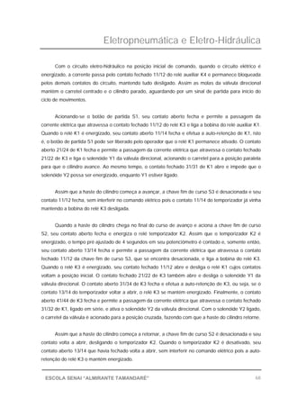 Eletropneumática e Eletro-Hidráulica
68ESCOLA SENAI “ALMIRANTE TAMANDARÉ”
Com o circuito eletro-hidráulico na posição inicial de comando, quando o circuito elétrico é
energizado, a corrente passa pelo contato fechado 11/12 do relé auxiliar K4 e permanece bloqueada
pelos demais contatos do circuito, mantendo tudo desligado. Assim as molas da válvula direcional
mantêm o carretel centrado e o cilindro parado, aguardando por um sinal de partida para início do
ciclo de movimentos.
Acionando-se o botão de partida S1, seu contato aberto fecha e permite a passagem da
corrente elétrica que atravessa o contato fechado 11/12 do relé K3 e liga a bobina do relé auxiliar K1.
Quando o relé K1 é energizado, seu contato aberto 11/14 fecha e efetua a auto-retenção de K1, isto
é, o botão de partida S1 pode ser liberado pelo operador que o relé K1 permanece ativado. O contato
aberto 21/24 de K1 fecha e permite a passagem da corrente elétrica que atravessa o contato fechado
21/22 de K3 e liga o solenóide Y1 da válvula direcional, acionando o carretel para a posição paralela
para que o cilindro avance. Ao mesmo tempo, o contato fechado 31/31 de K1 abre e impede que o
solenóide Y2 possa ser energizado, enquanto Y1 estiver ligado.
Assim que a haste do cilindro começa a avançar, a chave fim de curso S3 é desacionada e seu
contato 11/12 fecha, sem interferir no comando elétrico pois o contato 11/14 do temporizador já vinha
mantendo a bobina do relé K3 desligada.
Quando a haste do cilindro chega no final do curso de avanço e aciona a chave fim de curso
S2, seu contato aberto fecha e energiza o relé temporizador K2. Assim que o temporizador K2 é
energizado, o tempo pré ajustado de 4 segundos em seu potenciômetro é contado e, somente então,
seu contato aberto 13/14 fecha e permite a passagem da corrente elétrica que atravessa o contato
fechado 11/12 da chave fim de curso S3, que se encontra desacionada, e liga a bobina do relé K3.
Quando o relé K3 é energizado, seu contato fechado 11/12 abre e desliga o relé K1 cujos contatos
voltam a posição inicial. O contato fechado 21/22 de K3 também abre e desliga o solenóide Y1 da
válvula direcional. O contato aberto 31/34 de K3 fecha e efetua a auto-retenção de K3, ou seja, se o
contato 13/14 do temporizador voltar a abrir, o relé K3 se mantém energizado. Finalmente, o contato
aberto 41/44 de K3 fecha e permite a passagem da corrente elétrica que atravessa o contato fechado
31/32 de K1, ligado em série, e ativa o solenóide Y2 da válvula direcional. Com o solenóide Y2 ligado,
o carretel da válvula é acionado para a posição cruzada, fazendo com que a haste do cilindro retorne.
Assim que a haste do cilindro começa a retornar, a chave fim de curso S2 é desacionada e seu
contato volta a abrir, desligando o temporizador K2. Quando o temporizador K2 é desativado, seu
contato aberto 13/14 que havia fechado volta a abrir, sem interferir no comando elétrico pois a auto-
retenção do relé K3 o mantém energizado.
 