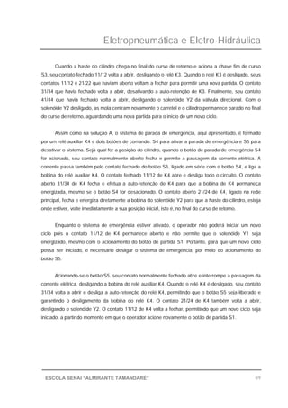 Eletropneumática e Eletro-Hidráulica
69ESCOLA SENAI “ALMIRANTE TAMANDARÉ”
Quando a haste do cilindro chega no final do curso de retorno e aciona a chave fim de curso
S3, seu contato fechado 11/12 volta a abrir, desligando o relé K3. Quando o relé K3 é desligado, seus
contatos 11/12 e 21/22 que haviam aberto voltam a fechar para permitir uma nova partida. O contato
31/34 que havia fechado volta a abrir, desativando a auto-retenção de K3. Finalmente, seu contato
41/44 que havia fechado volta a abrir, desligando o solenóide Y2 da válvula direcional. Com o
solenóide Y2 desligado, as mola centram novamente o carretel e o cilindro permanece parado no final
do curso de retorno, aguardando uma nova partida para o início de um novo ciclo.
Assim como na solução A, o sistema de parada de emergência, aqui apresentado, é formado
por um relé auxiliar K4 e dois botões de comando: S4 para ativar a parada de emergência e S5 para
desativar o sistema. Seja qual for a posição do cilindro, quando o botão de parada de emergência S4
for acionado, seu contato normalmente aberto fecha e permite a passagem da corrente elétrica. A
corrente passa também pelo contato fechado do botão S5, ligado em série com o botão S4, e liga a
bobina do relé auxiliar K4. O contato fechado 11/12 de K4 abre e desliga todo o circuito. O contato
aberto 31/34 de K4 fecha e efetua a auto-retenção de K4 para que a bobina de K4 permaneça
energizada, mesmo se o botão S4 for desacionado. O contato aberto 21/24 de K4, ligado na rede
principal, fecha e energiza diretamente a bobina do solenóide Y2 para que a haste do cilindro, esteja
onde estiver, volte imediatamente a sua posição inicial, isto é, no final do curso de retorno.
Enquanto o sistema de emergência estiver ativado, o operador não poderá iniciar um novo
ciclo pois o contato 11/12 de K4 permanece aberto e não permite que o solenóide Y1 seja
energizado, mesmo com o acionamento do botão de partida S1. Portanto, para que um novo ciclo
possa ser iniciado, é necessário desligar o sistema de emergência, por meio do acionamento do
botão S5.
Acionando-se o botão S5, seu contato normalmente fechado abre e interrompe a passagem da
corrente elétrica, desligando a bobina do relé auxiliar K4. Quando o relé K4 é desligado, seu contato
31/34 volta a abrir e desliga a auto-retenção do relé K4, permitindo que o botão S5 seja liberado e
garantindo o desligamento da bobina do relé K4. O contato 21/24 de K4 também volta a abrir,
desligando o solenóide Y2. O contato 11/12 de K4 volta a fechar, permitindo que um novo ciclo seja
iniciado, a partir do momento em que o operador acione novamente o botão de partida S1.
 