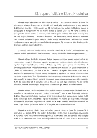 Eletropneumática e Eletro-Hidráulica
72ESCOLA SENAI “ALMIRANTE TAMANDARÉ”
Quando o operador acionar os dois botões de partida S1 e S2, com um intervalo de tempo de
acionamento inferior a 2 segundos, os relés K1 e K2 são ligados simultaneamente e seus contatos
21/24 fecham ativando o relé K4. Assim que K4 é energizado, seu contato 11/12 abre e impede a
energização do temporizador K3. Ao mesmo tempo, o contato 21/24 de K4 fecha e permite a
passagem da corrente elétrica. A corrente passa também pelos contatos 11/12 de K5 e K6, ligados
em série, e liga o solenóide Y1 da válvula direcional. Com Y1 ativado, o carretel da válvula é pilotado
para a direita, fazendo com que a haste do cilindro avance com velocidade controlada pela válvula
reguladora de fluxo e a pressão acompanhada pelo pressostato S3, montado na linha de alimentação
de ar para a câmara traseira do cilindro.
Assim que a haste do cilindro começa a avançar, a chave fim de curso S4, montada no final do
curso de retorno, é desacionada e seu contato 11/12 fecha, aguardando um sinal do pressostato S3.
Quando a haste do cilindro alcançar o final do curso de avanço ou quando houver restrição ao
movimento de avanço do cilindro que faça com que a pressão na câmara traseira suba além do valor
regulado no pressostato S3, seu contato 11/14 fecha e permite a passagem da corrente elétrica. A
corrente passa também pelo contato fechado 11/12 da chave fim de curso S4, ligada em série com o
contato do pressostato S3, e ativa o relé K5. Quando K5 é ligado, seu contato 11/12 abre e
interrompe a passagem da corrente elétrica, desligando o solenóide Y1, mesmo que o operador
mantenha os dois botões S1 e S2 acionados. Ao mesmo tempo, seu contato 21/24 fecha e realiza a
auto-retenção do próprio K5 para que este permaneça ligado, caso a pressão caia e abra o contato
11/14 do pressostato S3. O contato 31/34 de K5, por sua vez, liga o solenóide Y2 da válvula
direcional, pilotando o carretel para a esquerda e fazendo com que a haste do cilindro retorne.
Quando a haste começa a retornar, como a câmara traseira do cilindro é descarregada para a
atmosfera, a pressão cai e o contato 11/14 do pressostato S3 volta a abrir. Entretanto, o contato
21/24 de K5 permanece fechado, mantendo o relé K5 energizado. Isso faz com que o contato 11/12
de K5 permaneça aberto, impedindo a ligação do solenóide Y1, mesmo que o operador permaneça
acionando os dois botões de partida, e o contato 31/34 de K5 fechado mantendo o solenóide Y2
ligado, o que faz com que a haste do cilindro prossiga no seu movimento de retorno.
Quando a haste do cilindro chega no final do curso de retorno, a chave fim de curso S4 é
acionada e seu contato 11/12 volta a abrir, desligando o relé K5. Com K5 desativado, seu contato
11/12 volta a fechar para permitir uma nova partida, o 21/24 volta a abrir, desligando a auto-retenção
de K5, e o 31/34 também volta a abrir, desernegizando o solenóide Y2. Como a válvula direcional tem
 