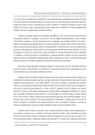 Eletropneumática e Eletro-Hidráulica
78ESCOLA SENAI “ALMIRANTE TAMANDARÉ”
11/12 de K3 abre e impede que o solenóide Y1 da válvula direcional seja ligado pelo contato 31/34 de
K4, não permitindo a partida do cilindro. O mesmo ocorre se o operador acionar somente o botão de
partida S2 e levar mais de 2 segundos para acionar o botão S1. O botão S2 energiza o relé K2 cujo
contato 11/14 fecha e liga o temporizador K3 que impede que o solenóide Y1 seja energizado pelo
contato 31/34 de K4, bloqueando a partida do cilindro.
Quando o operador acionar os dois botões de partida S1 e S2, com um intervalo de tempo de
acionamento inferior a 2 segundos, os relés K1 e K2 são ligados simultaneamente e seus contatos
21/24 fecham ativando o relé K4. Assim que K4 é energizado, seu contato fechado 11/12 abre e
impede a energização do temporizador K3. Ao mesmo tempo, o contato aberto 21/24 de K4 fecha e
exerce a auto-retenção do próprio relé K4. O contato aberto 31/34 de K4, por sua vez, também fecha
e permite a passagem da corrente elétrica. A corrente passa também pelo contato fechado 11/12 de
K5, ligado em série com o 31/34 de K4, e liga o solenóide Y1 da válvula direcional. Com o solenóide
Y1 ativado, o carretel da válvula é acionado para a posição paralela, fazendo com que a haste do
cilindro avance com velocidade controlada pela válvula reguladora de fluxo e a pressão monitorada
pelo pressostato S3, montado na linha de entrada da câmara traseira do cilindro.
Assim que a haste do cilindro começa a avançar, a chave fim de curso S4, montada no final do
curso de retorno, é desacionada e seu contato 11/12 que estava aberto fecha, aguardando um sinal
do pressostato S3 para energizar a bobina do relé K5.
Quando a haste do cilindro alcançar o final do curso de avanço ou quando houver restrição ao
movimento de avanço do cilindro que faça com que a pressão na câmara traseira suba além do valor
regulado no pressostato S3, seu contato aberto 11/14 fecha e permite a passagem da corrente
elétrica. A corrente passa também pelo contato fechado 11/12 da chave fim de curso S4, ligada em
série com o contato do pressostato S3, e ativa o relé K5. Quando o relé K5 é ligado, seu contato
fechado 11/12 abre e interrompe a passagem da corrente elétrica, desligando o solenóide Y1, mesmo
que o operador mantenha os dois botões S1 e S2 acionados. Ao mesmo tempo, o contato aberto
21/24 de K5 fecha e realiza a auto-retenção do próprio K5 para que este permaneça ligado, caso a
pressão caia e abra o contato 11/14 do pressostato S3. Finalmente, o contato aberto 31/34 de K5
fecha e energiza o solenóide Y2 da válvula direcional. Com o solenóide Y2 ligado, o carretel da
válvula é acionado para a posição cruzada, fazendo com que a haste do cilindro retorne.
Quando a haste começa a retornar, como a câmara traseira do cilindro é descarregada para o
reservatório, a pressão cai e o contato 11/14 do pressostato S3 volta a abrir. Entretanto, o contato
21/24 de K5 permanece fechado, mantendo o relé K5 energizado. Isso faz com que o contato 11/12
de K5 permaneça aberto, impedindo a ligação do solenóide Y1, mesmo que o operador permaneça
 