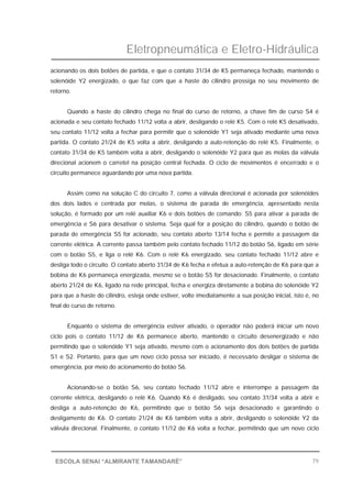 Eletropneumática e Eletro-Hidráulica
79ESCOLA SENAI “ALMIRANTE TAMANDARÉ”
acionando os dois botões de partida, e que o contato 31/34 de K5 permaneça fechado, mantendo o
solenóide Y2 energizado, o que faz com que a haste do cilindro prossiga no seu movimento de
retorno.
Quando a haste do cilindro chega no final do curso de retorno, a chave fim de curso S4 é
acionada e seu contato fechado 11/12 volta a abrir, desligando o relé K5. Com o relé K5 desativado,
seu contato 11/12 volta a fechar para permitir que o solenóide Y1 seja ativado mediante uma nova
partida. O contato 21/24 de K5 volta a abrir, desligando a auto-retenção do relé K5. Finalmente, o
contato 31/34 de K5 também volta a abrir, desligando o solenóide Y2 para que as molas da válvula
direcional acionem o carretel na posição central fechada. O ciclo de movimentos é encerrado e o
circuito permanece aguardando por uma nova partida.
Assim como na solução C do circuito 7, como a válvula direcional é acionada por solenóides
dos dois lados e centrada por molas, o sistema de parada de emergência, apresentado nesta
solução, é formado por um relé auxiliar K6 e dois botões de comando: S5 para ativar a parada de
emergência e S6 para desativar o sistema. Seja qual for a posição do cilindro, quando o botão de
parada de emergência S5 for acionado, seu contato aberto 13/14 fecha e permite a passagem da
corrente elétrica. A corrente passa também pelo contato fechado 11/12 do botão S6, ligado em série
com o botão S5, e liga o relé K6. Com o relé K6 energizado, seu contato fechado 11/12 abre e
desliga todo o circuito. O contato aberto 31/34 de K6 fecha e efetua a auto-retenção de K6 para que a
bobina de K6 permaneça energizada, mesmo se o botão S5 for desacionado. Finalmente, o contato
aberto 21/24 de K6, ligado na rede principal, fecha e energiza diretamente a bobina do solenóide Y2
para que a haste do cilindro, esteja onde estiver, volte imediatamente a sua posição inicial, isto é, no
final do curso de retorno.
Enquanto o sistema de emergência estiver ativado, o operador não poderá iniciar um novo
ciclo pois o contato 11/12 de K6 permanece aberto, mantendo o circuito desenergizado e não
permitindo que o solenóide Y1 seja ativado, mesmo com o acionamento dos dois botões de partida
S1 e S2. Portanto, para que um novo ciclo possa ser iniciado, é necessário desligar o sistema de
emergência, por meio do acionamento do botão S6.
Acionando-se o botão S6, seu contato fechado 11/12 abre e interrompe a passagem da
corrente elétrica, desligando o relé K6. Quando K6 é desligado, seu contato 31/34 volta a abrir e
desliga a auto-retenção de K6, permitindo que o botão S6 seja desacionado e garantindo o
desligamento de K6. O contato 21/24 de K6 também volta a abrir, desligando o solenóide Y2 da
válvula direcional. Finalmente, o contato 11/12 de K6 volta a fechar, permitindo que um novo ciclo
 