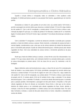 Eletropneumática e Eletro-Hidráulica
87ESCOLA SENAI “ALMIRANTE TAMANDARÉ”
Quando o circuito elétrico é energizado, todos os solenóides e relés auxiliares estão
desligados. O cilindro permanece parado na sua posição final traseira, aguardando por um sinal de
partida.
Acionando-se o botão S1, para partida em um único ciclo, seu contato aberto 13/14 fecha e
permite a passagem da corrente elétrica que atravessa o contato fechado 11/12 de K3 e liga a bobina
do relé auxiliar K1. Com o relé K1 energizado, o contato aberto 11/14 de K1 fecha e efetua a auto-
retenção do próprio K1 para que, se o botão de partida S1 for liberado, a bobina de K1 se mantenha
ligada. O contato aberto 21/24 de K1 fecha e liga o solenóide Y1 da válvula direcional que comanda o
cilindro.
Com o solenóide Y1 energizado, o carretel da válvula de comando é acionado para a posição
paralela e a haste do cilindro começa a avançar. Neste momento, a velocidade de avanço da haste é
normal (rápida), considerando-se que o óleo que sai da câmara dianteira do cilindro flui diretamente
para o reservatório pela posição cruzada da válvula direcional by-pass, evitando passar pela válvula
reguladora de fluxo. Com essa velocidade de avanço normal, a ferramenta aproxima-se da peça
rapidamente.
Assim que a haste do cilindro começa a avançar, a chave fim de curso S6 é desacionada e seu
contato 11/12 que estava aberto fecha, sem entretanto interferir no comando elétrico pois a corrente
já estava interrompida no contato aberto 13/14 da chave fim de curso S5, mantendo o relé K3
desligado.
Alguns milímetros antes da ferramenta tocar a peça, a chave fim de curso S4 é acionada pela
haste do cilindro e seu contato aberto 13/14 fecha, permitindo a passagem da corrente elétrica que
atravessa o contato fechado 11/12 do relé K3, ligado em série com a chave S4, e liga a bobina do
relé auxiliar K2. Com o relé K2 energizado, seu contato aberto 11/14 fecha e efetua a auto-retenção
do próprio relé K2. O contato aberto 21/24 de K2 também fecha e liga o solenóide Y3 da válvula
direcional by-pass. Com o solenóide Y3 ativado, o carretel da válvula direcional by-pass é acionado
para a posição paralela, interrompendo a passagem do óleo pelo desvio e forçando-o a fluir pela
válvula reguladora de fluxo em direção ao reservatório. Dessa forma, o óleo que sai da câmara
dianteira do cilindro passa a ser controlado pela válvula reguladora de fluxo. Assim, abrindo a
restrição, o óleo flui em maior quantidade e o cilindro avança com uma velocidade maior. Por outro
lado, fechando a restrição, a vazão do óleo pela válvula torna-se menor, reduzindo a velocidade de
avanço do cilindro.
 