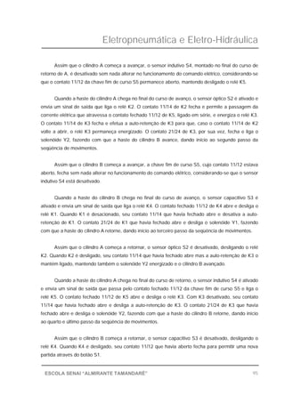 Eletropneumática e Eletro-Hidráulica
95ESCOLA SENAI “ALMIRANTE TAMANDARÉ”
Assim que o cilindro A começa a avançar, o sensor indutivo S4, montado no final do curso de
retorno de A, é desativado sem nada alterar no funcionamento do comando elétrico, considerando-se
que o contato 11/12 da chave fim de curso S5 permanece aberto, mantendo desligado o relé K5.
Quando a haste do cilindro A chega no final do curso de avanço, o sensor óptico S2 é ativado e
envia um sinal de saída que liga o relé K2. O contato 11/14 de K2 fecha e permite a passagem da
corrente elétrica que atravessa o contato fechado 11/12 de K5, ligado em série, e energiza o relé K3.
O contato 11/14 de K3 fecha e efetua a auto-retenção de K3 para que, caso o contato 11/14 de K2
volte a abrir, o relé K3 permaneça energizado. O contato 21/24 de K3, por sua vez, fecha e liga o
solenóide Y2, fazendo com que a haste do cilindro B avance, dando início ao segundo passo da
seqüência de movimentos.
Assim que o cilindro B começa a avançar, a chave fim de curso S5, cujo contato 11/12 estava
aberto, fecha sem nada alterar no funcionamento do comando elétrico, considerando-se que o sensor
indutivo S4 está desativado.
Quando a haste do cilindro B chega no final do curso de avanço, o sensor capacitivo S3 é
ativado e envia um sinal de saída que liga o relé K4. O contato fechado 11/12 de K4 abre e desliga o
relé K1. Quando K1 é desacionado, seu contato 11/14 que havia fechado abre e desativa a auto-
retenção de K1. O contato 21/24 de K1 que havia fechado abre e desliga o solenóide Y1, fazendo
com que a haste do cilindro A retorne, dando início ao terceiro passo da seqüência de movimentos.
Assim que o cilindro A começa a retornar, o sensor óptico S2 é desativado, desligando o relé
K2. Quando K2 é desligado, seu contato 11/14 que havia fechado abre mas a auto-retenção de K3 o
mantém ligado, mantendo também o solenóide Y2 energizado e o cilindro B avançado.
Quando a haste do cilindro A chega no final do curso de retorno, o sensor indutivo S4 é ativado
e envia um sinal de saída que passa pelo contato fechado 11/12 da chave fim de curso S5 e liga o
relé K5. O contato fechado 11/12 de K5 abre e desliga o relé K3. Com K3 desativado, seu contato
11/14 que havia fechado abre e desliga a auto-retenção de K3. O contato 21/24 de K3 que havia
fechado abre e desliga o solenóide Y2, fazendo com que a haste do cilindro B retorne, dando início
ao quarto e último passo da seqüência de movimentos.
Assim que o cilindro B começa a retornar, o sensor capacitivo S3 é desativado, desligando o
relé K4. Quando K4 é desligado, seu contato 11/12 que havia aberto fecha para permitir uma nova
partida através do botão S1.
 