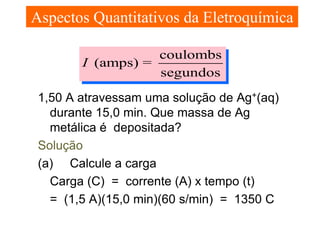 Aspectos Quantitativos da Eletroquímica
coulombs
I (amps) =
segundos
1,50 A atravessam uma solução de Ag+(aq)
durante 15,0 min. Que massa de Ag
metálica é depositada?
Solução
(a) Calcule a carga
Carga (C) = corrente (A) x tempo (t)
= (1,5 A)(15,0 min)(60 s/min) = 1350 C

 