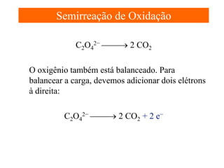 Semirreação de Oxidação
C2O42− → 2 CO2
O oxigênio também está balanceado. Para
balancear a carga, devemos adicionar dois elétrons
à direita:
C2O42− → 2 CO2 + 2 e−

 