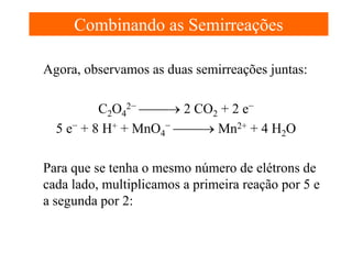 Combinando as Semirreações
Agora, observamos as duas semirreações juntas:
C2O42− → 2 CO2 + 2 e−
5 e− + 8 H+ + MnO4− → Mn2+ + 4 H2O
Para que se tenha o mesmo número de elétrons de
cada lado, multiplicamos a primeira reação por 5 e
a segunda por 2:

 