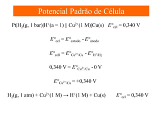 Potencial Padrão de Célula
Pt|H2(g, 1 bar)|H+(a = 1) || Cu2+(1 M)|Cu(s) E°cel = 0,340 V
E°cel = E°catodo - E°anodo
E°cell = E°Cu2+/Cu - E°H+/H2
0,340 V = E°Cu2+/Cu - 0 V
E°Cu2+/Cu = +0,340 V
H2(g, 1 atm) + Cu2+(1 M) → H+(1 M) + Cu(s)

E°cel = 0,340 V

 