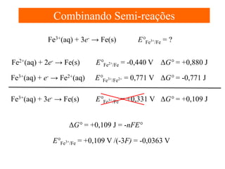 Combinando Semi-reações
Fe3+(aq) + 3e- → Fe(s)

E°Fe3+/Fe = ?

Fe2+(aq) + 2e- → Fe(s)

E°Fe2+/Fe = -0,440 V ΔG° = +0,880 J

Fe3+(aq) + e- → Fe2+(aq)

E°Fe3+/Fe2+ = 0,771 V ΔG° = -0,771 J

Fe3+(aq) + 3e- → Fe(s)

E°Fe3+/Fe = +0,331 V ΔG° = +0,109 J

ΔG° = +0,109 J = -nFE°
E°Fe3+/Fe = +0,109 V /(-3F) = -0,0363 V

 