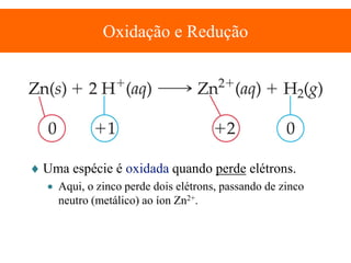 Oxidação e Redução

♦ Uma espécie é oxidada quando perde elétrons.
• Aqui, o zinco perde dois elétrons, passando de zinco
neutro (metálico) ao íon Zn2+.

 