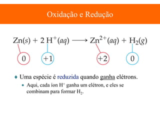 Oxidação e Redução

♦ Uma espécie é reduzida quando ganha elétrons.
• Aqui, cada íon H+ ganha um elétron, e eles se
combinam para formar H2.

 