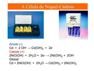 A Célula de Níquel-Cádmio

Anodo (-)
Cd + 2 OH- → Cd(OH)2 + 2eCatodo (+)
2NiO(OH) + 2H2O + 2e- → 2Ni(OH)2 + 2OHGlobal:
Cd + 2NiO(OH) + 2H2O → Cd(OH)2 + 2Ni(OH)2

 