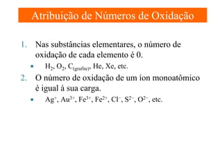 Atribuição de Números de Oxidação
1. Nas substâncias elementares, o número de
oxidação de cada elemento é 0.
•

H2, O2, C(grafite), He, Xe, etc.

2. O número de oxidação de um íon monoatômico
é igual à sua carga.
•

Ag+, Au3+, Fe3+, Fe2+, Cl−, S2−, O2−, etc.

 
