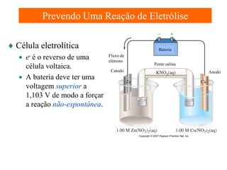 Prevendo Uma Reação de Eletrólise
♦ Célula eletrolítica
• e- é o reverso de uma
célula voltaica.
• A bateria deve ter uma
voltagem superior a
1,103 V de modo a forçar
a reação não-espontânea.

Bateria
Fluxo de
elétrons
Catodo

Ponte salina
Anodo

 