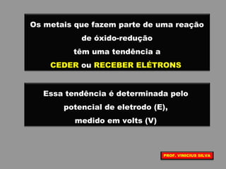 Os metais que fazem parte de uma reação
de óxido-redução
têm uma tendência a
CEDER ou RECEBER ELÉTRONS
Essa tendência é determinada pelo
potencial de eletrodo (E),
medido em volts (V)
PROF. VINICIUS SILVA
 