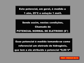 Este potencial, em geral, é medido a
1 atm, 25°C e solução 1 mol/L
Sendo assim, nestas condições,
Chamado de
POTENCIAL NORMAL DE ELETRODO (E°)
Esse potencial é medido tomando-se como
referencial um eletrodo de hidrogênio,
que tem a ele atribuído o potencial “0,00 V”
PROF. VINICIUS SILVA
 