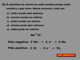 02) A eletrólise de cloreto de sódio fundido produz sódio
metálico e gás cloro. Nesse processo, cada íon:
a) sódio recebe dois elétrons.
b) cloreto recebe um elétron.
c) sódio recebe um elétron.
d) cloreto perde dois elétrons.
e) sódio perde um elétron.
Pólo positivo: Cl – – e –  Cl22 2
Pólo negativo: Na+
+ e –  Na2 2 2
Na + Cl
–
PROF. VINICIUS SILVA
 