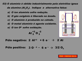 03) O alumínio é obtido industrialmente pela eletrólise ígnea
da alumina (Al2O3). Indique a alternativa falsa:
a) O íon alumínio sofre redução.
b) O gás oxigênio é liberado no ânodo.
c) O alumínio é produzido no cátodo.
d) O metal alumínio é agente oxidante.
e) O íon O2- sofre oxidação.
Al
+3
O
–2
32
Pólo negativo: Al+3
+ e –
 Al
Pólo positivo: O – 2 – e –  3/2 O23 6
2 6 2
+
+
-
-
GERADOR
ânodo cátodo
cátionsânions
elétrons
elétrons
PROF. VINICIUS SILVA
 