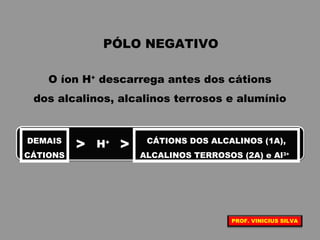 PÓLO NEGATIVO
O íon H+
descarrega antes dos cátions
dos alcalinos, alcalinos terrosos e alumínio
DEMAIS
CÁTIONS
> H+ CÁTIONS DOS ALCALINOS (1A),
ALCALINOS TERROSOS (2A) e Al3+
>
PROF. VINICIUS SILVA
 