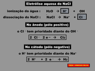 Eletrólise aquosa do NaCl
ionização da água : H2O  H+
+ OH
–
dissociação do NaCl : NaCl  Na+
+ Cl –
o Cl –
tem prioridade diante do OH –
No ânodo (pólo positivo)
–2 Cl –
2 e  Cl2
o H+
tem prioridade diante do Na+
No cátodo (pólo negativo)
2 H+
+ 2 e –
 H2
PROF. VINICIUS SILVA
 