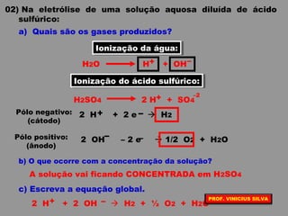 02) Na eletrólise de uma solução aquosa diluída de ácido
sulfúrico:
a) Quais são os gases produzidos?
b) O que ocorre com a concentração da solução?
c) Escreva a equação global.
Ionização da água:Ionização da água:
H2O H + OH+ –
Ionização do ácido sulfúrico:Ionização do ácido sulfúrico:
H2SO4 2 H + SO4+ –2
Pólo negativo:
(cátodo)
2 H + 2 e  H2+ –
Pólo positivo:
(ânodo)
– –2 OH – 2 e  1/2 O2 + H2O
A solução vai ficando CONCENTRADA em H2SO4
2 H + 2 OH  H2 + ½ O2 + H2O+ – PROF. VINICIUS SILVA
 
