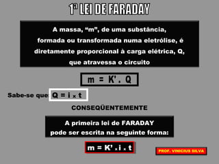 A massa, “m”, de uma substância,
formada ou transformada numa eletrólise, é
diretamente proporcional à carga elétrica, Q,
que atravessa o circuito
Sabe-se que: Q = i x t
m = K’ x i x tm = K’ x i x t
A primeira lei de FARADAY
pode ser escrita na seguinte forma:
CONSEQÜENTEMENTE
PROF. VINICIUS SILVA
 