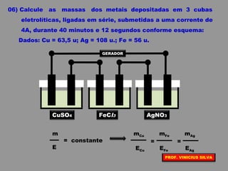 06) Calcule as massas dos metais depositadas em 3 cubas
eletrolíticas, ligadas em série, submetidas a uma corrente de
4A, durante 40 minutos e 12 segundos conforme esquema:
Dados: Cu = 63,5 u; Ag = 108 u.; Fe = 56 u.
GERADOR
CuSO4 FeCl3 AgNO3
m
= constante
E
mCu mFe mAg
= =
ECu EFe EAg
PROF. VINICIUS SILVA
 