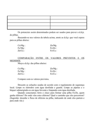 28
Os potenciais assim determinados podem ser usados para prever a d.d.p.
de pilhas.
Baseando-se nos valores da tabela acima, anote as d.d.p. que você espera
para as pilhas abaixo:
Cu/Mg : Zn/Mg
Fe/Mg : Fe/Zn :
Zn/Cu : Fe/Cu :
COMPARAÇÃO ENTRE OS VALORES PREVISTOS E OS
MEDIDOS:
Meça a d.d.p. das pilhas abaixo:
Cu/Mg : Zn/Mg :
Fe/Mg : Fe/Zn :
Zn/Cu : Fe/Cu :
Compare com os valores previstos.
Descarte as soluções usadas de acordo com o regulamento de segurança
local. Limpe os eletrodos com água destilada e guarde. Limpe as pipetas e o
béquer submergindo-os em água fervente e limpando com água destilada.
Quando conectamos ferro e zinco para formar uma pilha Fe/Zn, quem
ganha elétrons? De onde vêm estes elétrons? Qual o caminho que eles percorrem?
(Sugestão: desenhe o fluxo de elétrons na pilha, indicando de onde eles partem e
para onde vão.)
 