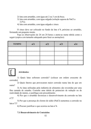 52
2) lata com arranhão, com água até 2 ou 3 cm da boca.
3) lata com arranhão, com água salgada (solução aquosa de NaCl a
3,5%).
4) lata com arranhão, com água salgada e zinco.
O zinco deve ser colocado no fundo da lata n°4, próximo ao arranhão,
formando um pequeno monte.
Faça as observações de 24 em 24 horas e anote-as numa tabela como a
seguir (copie-a em tamanho adequado para fazer as anotações):
TEMPO n°1 n°2 n°3 n°4
Atividades:
1) Quais latas sofreram corrosão? (colocar em ordem crescente de
corrosão)
2) Quais fatores que provocaram maior corrosão numa lata do que em
outra?
3) As latas utilizadas pela indústria de alimentos são revestidas por uma
fina camada de estanho. Consulte uma tabela de potenciais de redução ou de
reatividade de metais, e justifique este procedimento.
4) Por que o arranhão favoreceu o desenvolvimento da corrosão na lata
n°2?
5) Por que a presença de cloreto de sódio (NaCl) aumentou a corrosão na
lata n°3?
6) Procure justificar o que ocorreu na lata n°4.
7.1 Desenvolvimento de Conteúdos
J
 
