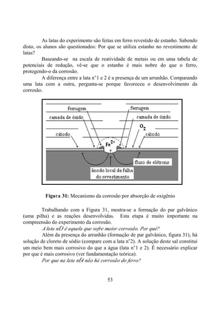 53
As latas do experimento são feitas em ferro revestido de estanho. Sabendo
disto, os alunos são questionados: Por que se utiliza estanho no revestimento de
latas?
Baseando-se na escala de reatividade de metais ou em uma tabela de
potenciais de redução, vê-se que o estanho é mais nobre do que o ferro,
protegendo-o da corrosão.
A diferença entre a lata n°1 e 2 é a presença de um arranhão. Comparando
uma lata com a outra, pergunta-se porque favoreceu o desenvolvimento da
corrosão.
Figura 31: Mecanismo da corrosão por absorção de oxigênio
Trabalhando com a Figura 31, mostra-se a formação do par galvânico
(uma pilha) e as reações desenvolvidas. Esta etapa é muito importante na
compreensão do experimento da corrosão.
Alata n°3 é aquela que sofre maior corrosão. Por quê?
Além da presença do arranhão (formação de par galvânico, figura 31), há
solução de cloreto de sódio (compare com a lata n°2). A solução deste sal constitui
um meio bem mais corrosivo do que a água (lata n°1 e 2). É necessário explicar
por que é mais corrosivo (ver fundamentação teórica).
Por que na lata n°4 não há corrosão do ferro?
 