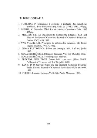 60
8. BIBLIOGRAFIA
1. FURTADO, P. Introdução à corrosão e proteção das superfícies
metálicas. Belo Horizonte: Imp. Univ. da UFMG, 1981. 357pág.
2. GENTIL, V. Corrosão. 2aEd. Rio de Janeiro: Guanabara Dois, 1982
453pág.
3. MELOAN, C.E. An Experiment to Ilustrate the Effects of Salt and
Zinc on the Rate of Corrosion. Journal of Chemical Education.
Easton, 63(5): 456,1986.
4. VAN VLACK, L.H. Princípios da ciência dos materiais. São Paulo:
Edgard Blücher, 1970. 427pág.
5. NOVA ELETRÔNICA. Pilhas em destaque. Vol. 6 no
64, junho
1992.
6. NOVA ELETRÔNICA. Pilhas em destaque. Vol. 6 no
65, julho 1992.
7. NOVA ELETRÔNICA. Tecnologia das baterias.
8. ELEKTOR PUBLITRON. Como lidar com suas pilhas Ni-Cd.
Publicações Técnicas, vol. 3 no
24, julho 1988.
9. TANIS, D. O. Galvanic Cells and the Standard Reduction Potential
Table. Easton: Journal of Chemical Education: 67(7): 602-603,
1990.
10. FELTRE, Ricardo. Química Vol 2. São Paulo. Moderna, 1988.
 