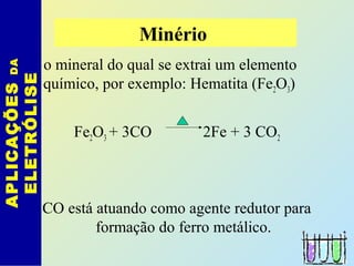 È o mineral do qual se extrai um elemento
químico, por exemplo: Hematita (Fe2O3)
Fe2O3 + 3CO 2Fe + 3 CO2
CO está atuando como agente redutor para
formação do ferro metálico.
APLICAÇÕESDA
ELETRÓLISE Minério
 