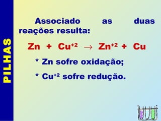 PILHAS
Associado as duas
reações resulta:
Zn + Cu+2
→ Zn+2
+ Cu
* Zn sofre oxidação;
* Cu+2
sofre redução.
 
