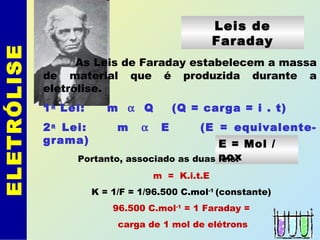 ELETRÓLISE Leis de
Faraday
As Leis de Faraday estabelecem a massa
de material que é produzida durante a
eletrólise.
1a
Lei: m α Q (Q = carga = i . t)
2a
Lei: m α E (E = equivalente-
grama) E = Mol /
noxPortanto, associado as duas leis:
m = K.i.t.E
K = 1/F = 1/96.500 C.mol-1
(constante)
96.500 C.mol-1
= 1 Faraday =
carga de 1 mol de elétrons
 